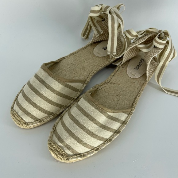 Soludos Lauren Espadrille Lace-up Sandals in White/Tan Stripe - Picture 2 of 10